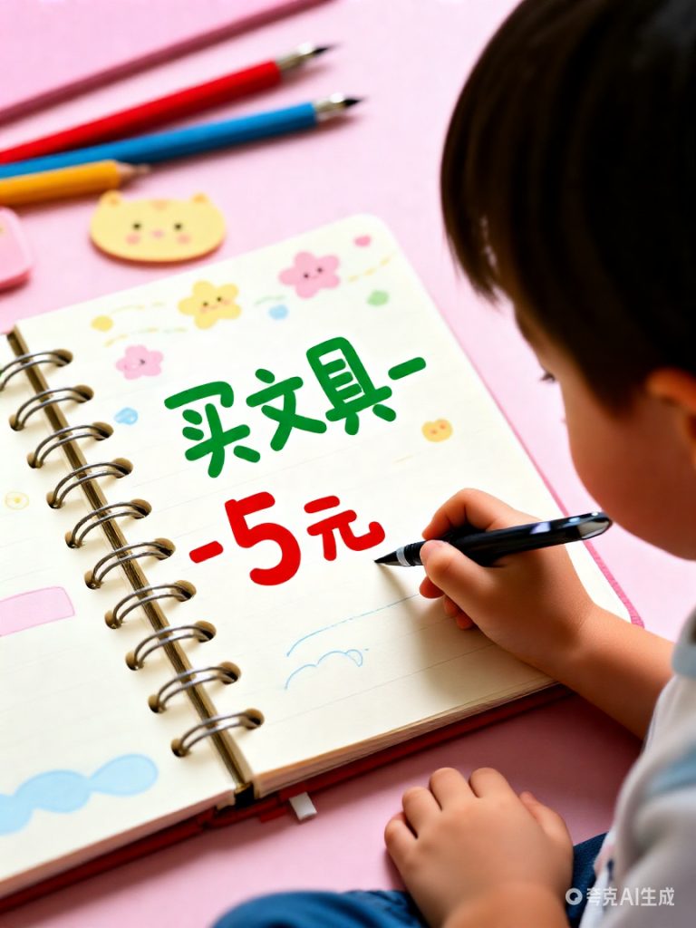 一个孩子正在一个可爱的笔记本上记录“买文具-5元”