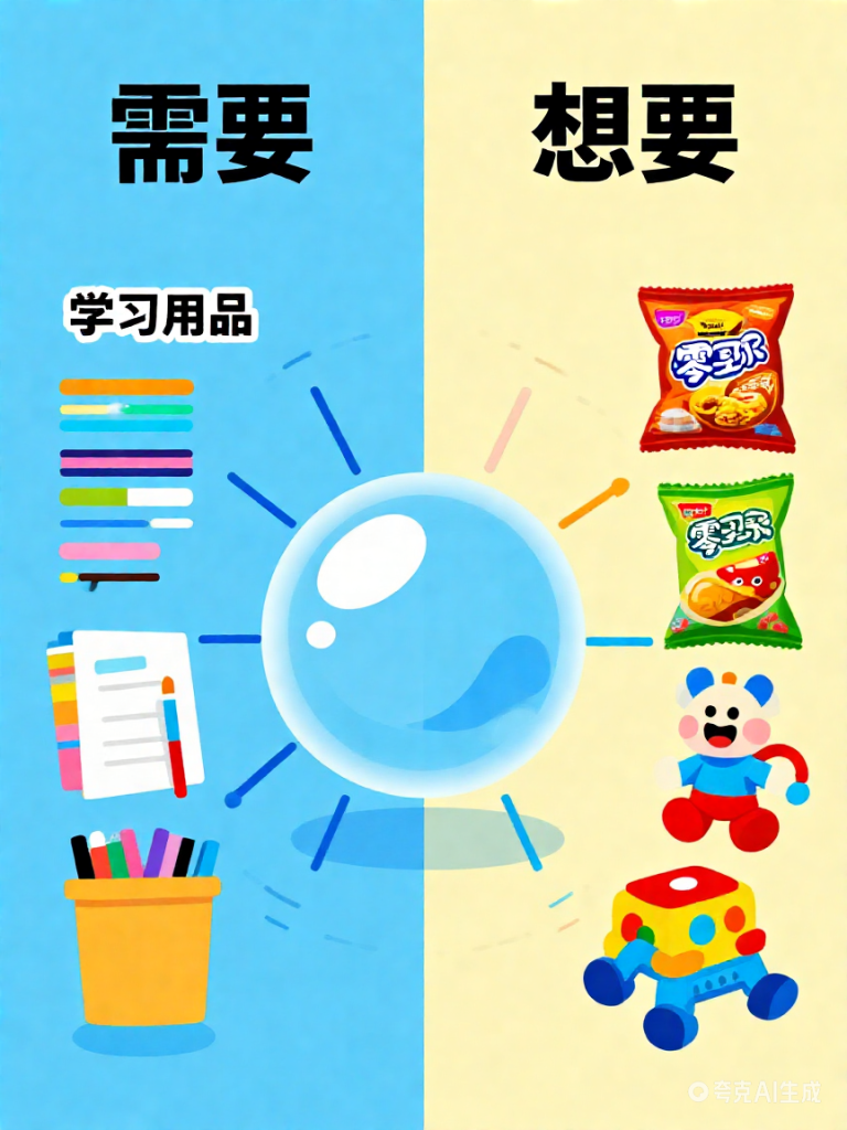 一个气泡图，左边写“需要”，列出学习用品等；右边写“想要”，列出零食、玩具等