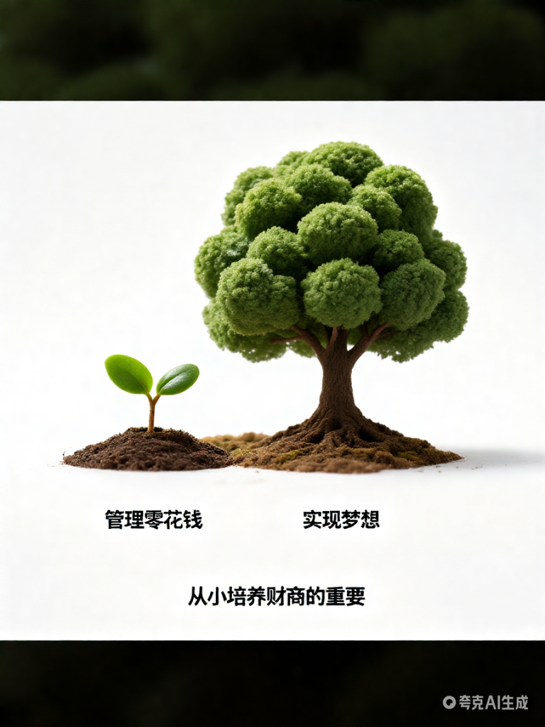 一个小树苗旁边标注“管理零花钱”，长成大树后标注“实现梦想”，象征从小培养财商的重要性