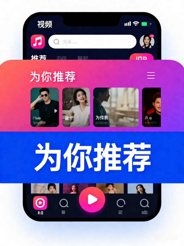 视频或音乐 App 的推荐列表截图,突出“为你推荐”字样