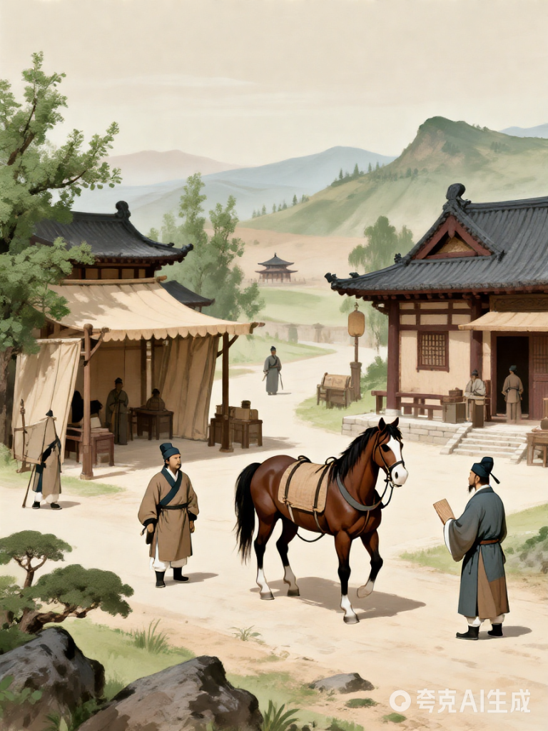 一张描绘古代驿站场景的示意图,有马匹、驿使、房屋